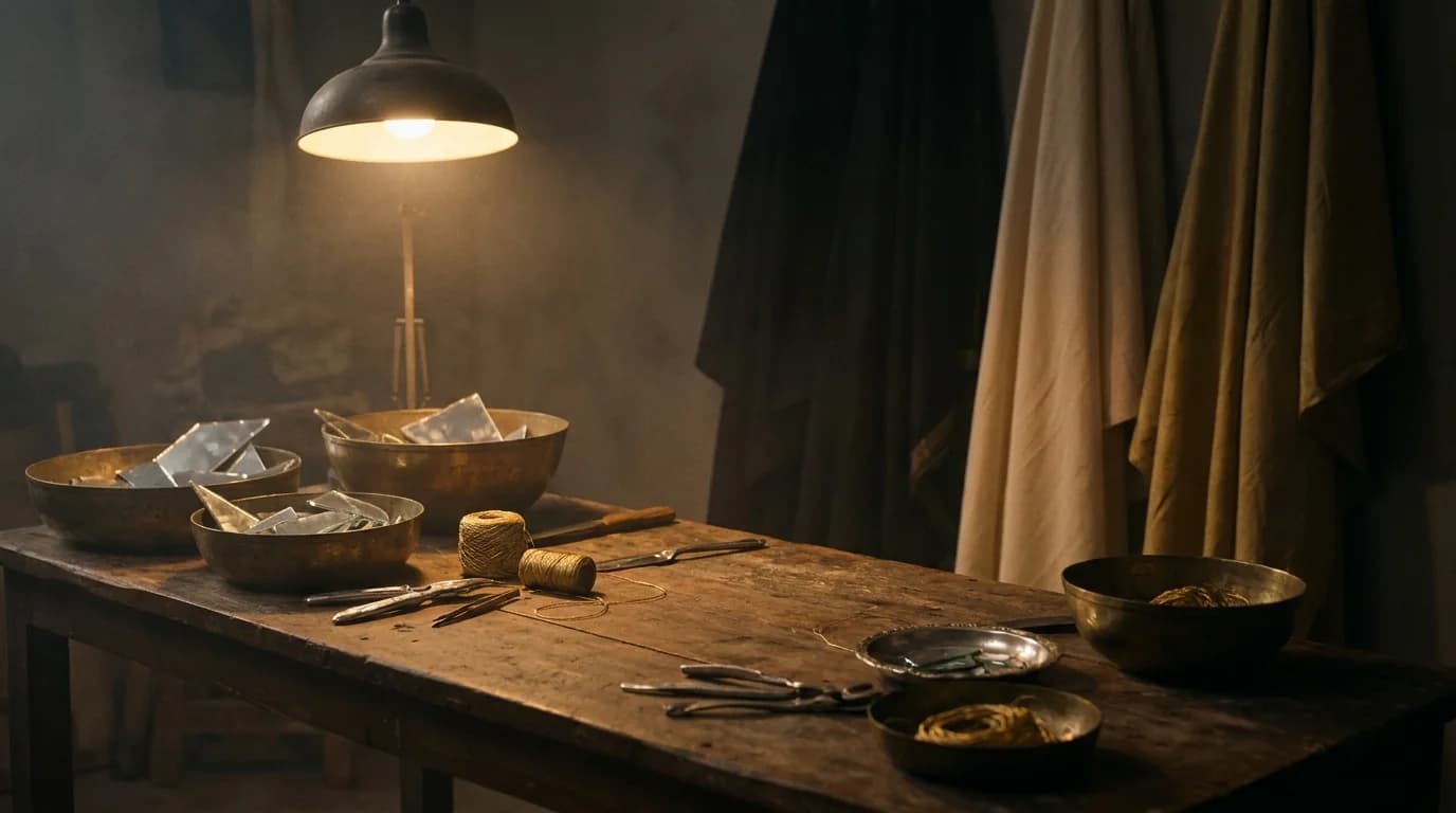 The atelier at dusk — mirror shards, gold thread, one lamp