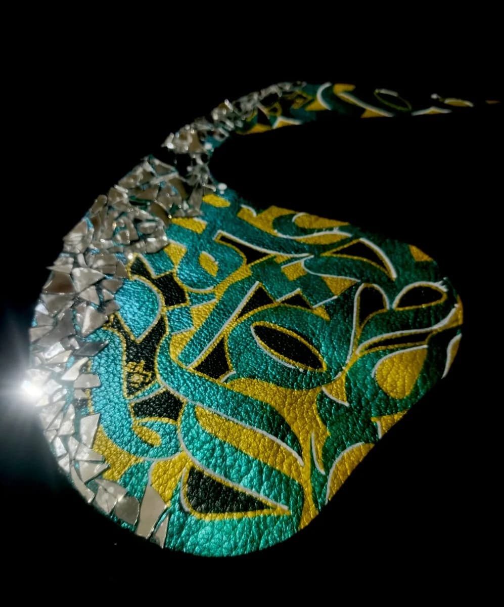 Aaina — leather calligraphy and mirror mosaic, detail