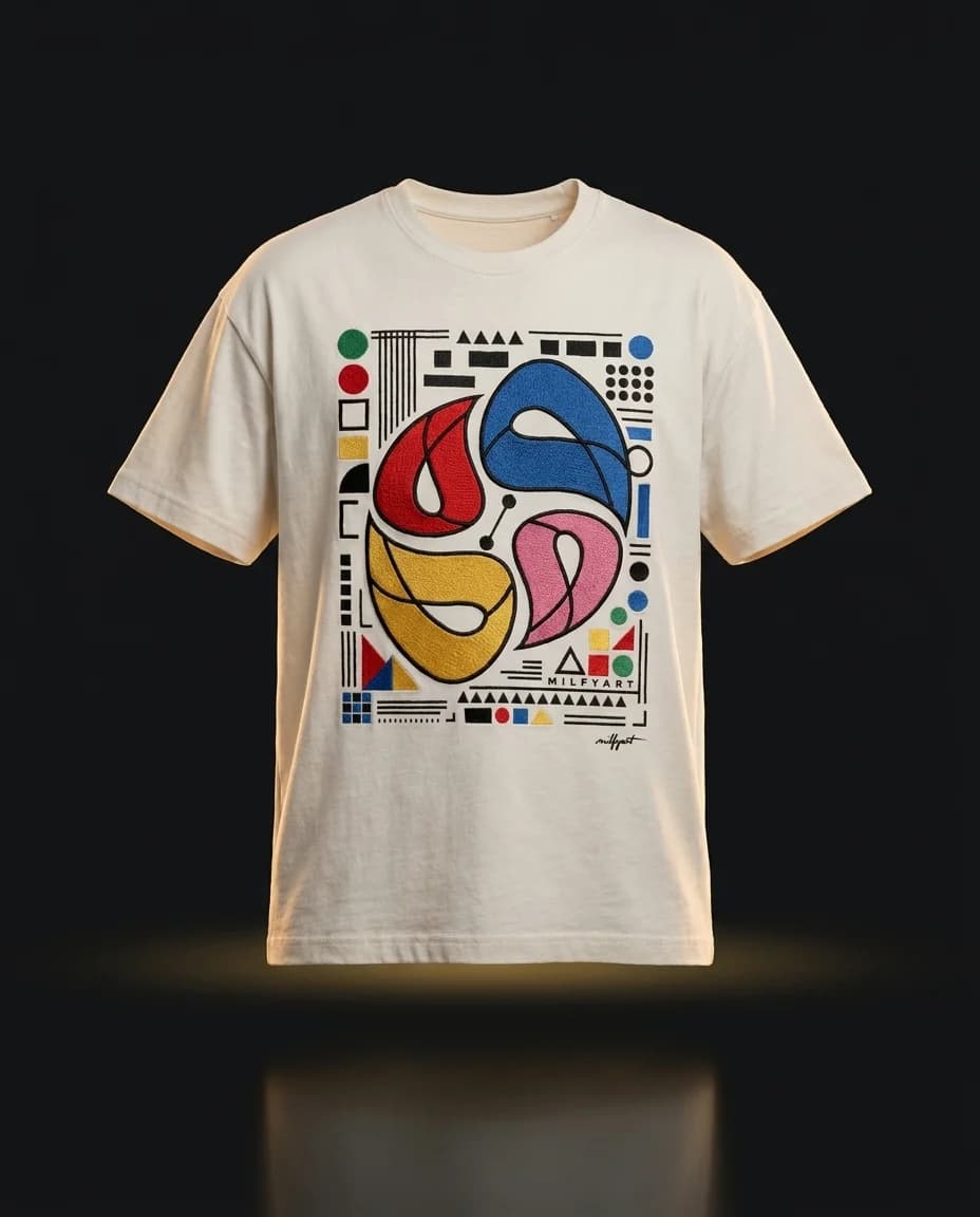 Ecru tee — Bauhaus-geometric composition of four vao