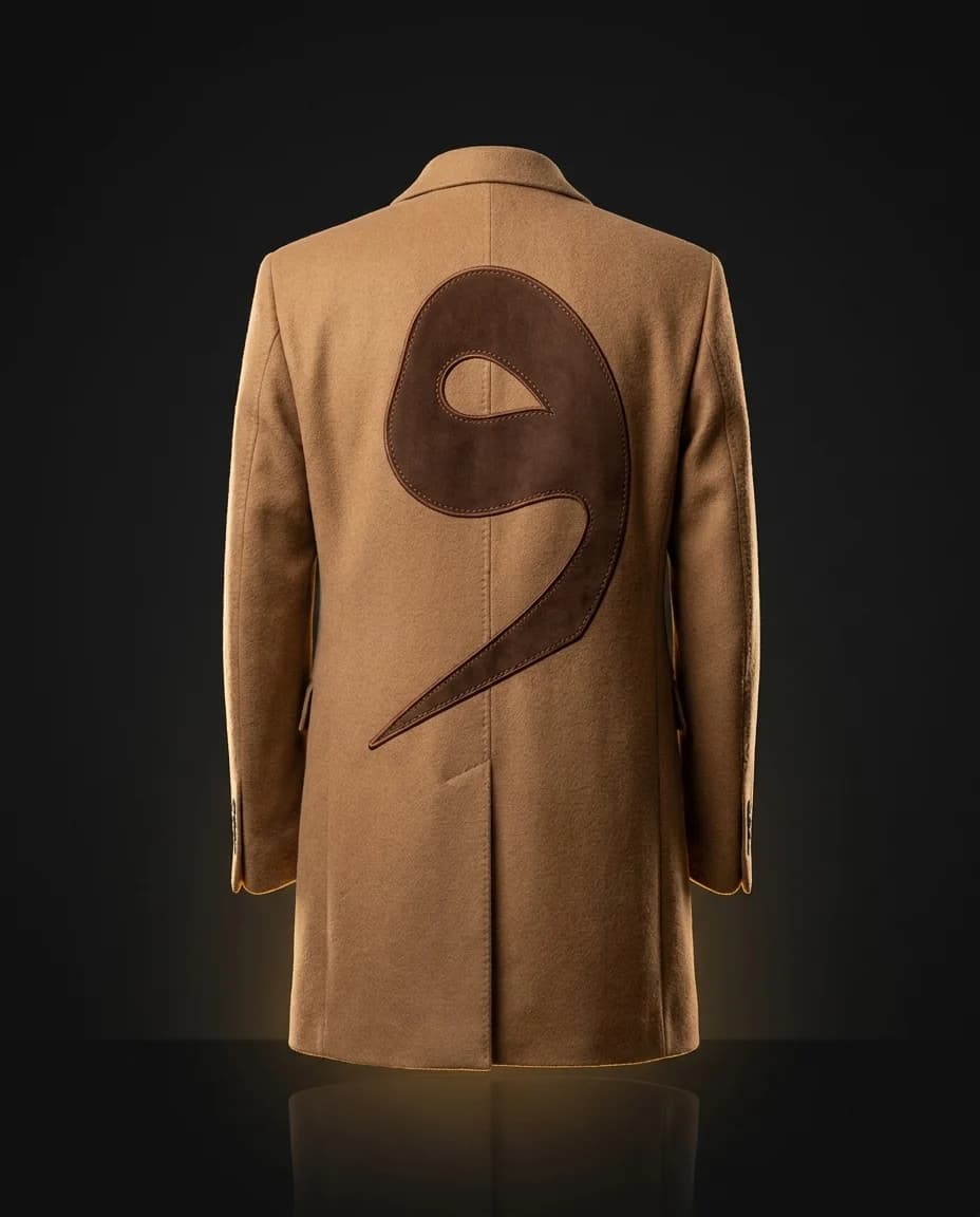 Study — camel overcoat, Sukoot voice in suede intarsia