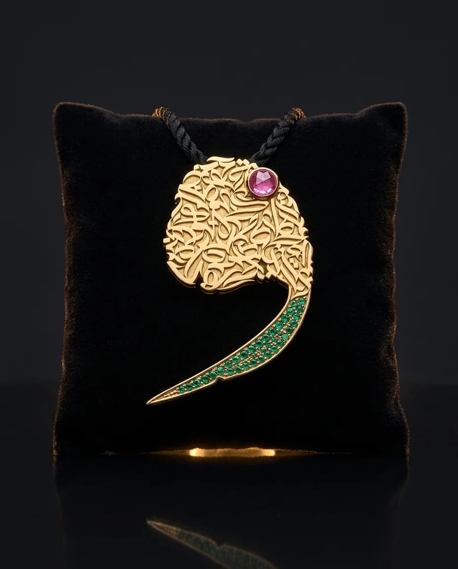 22k gold pendant — the letter in Gulnar voice, pavé emeralds, one pink sapphire