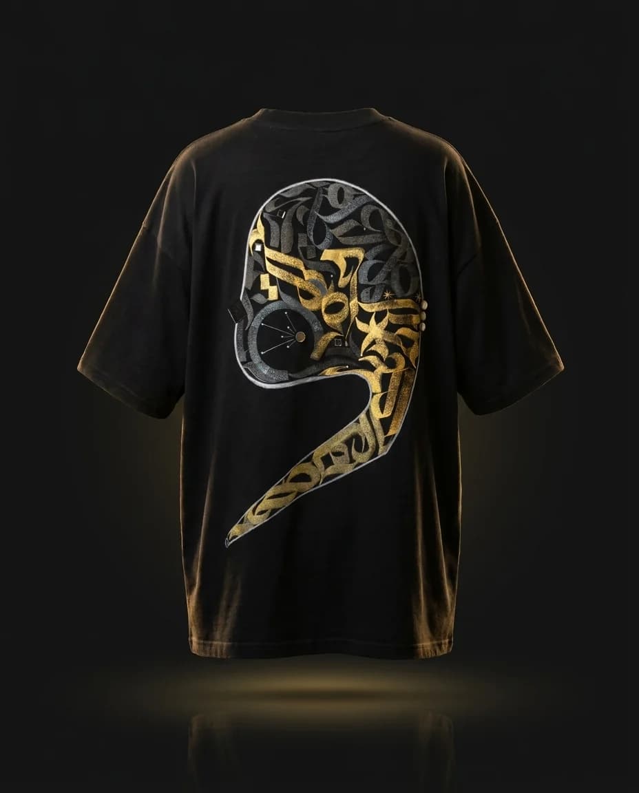 Black tee — hand-painted calligraffiti vao in gold and oxide silver