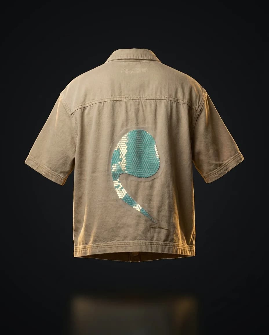 Sand denim jacket — iridescent honeycomb-sequin vao back panel